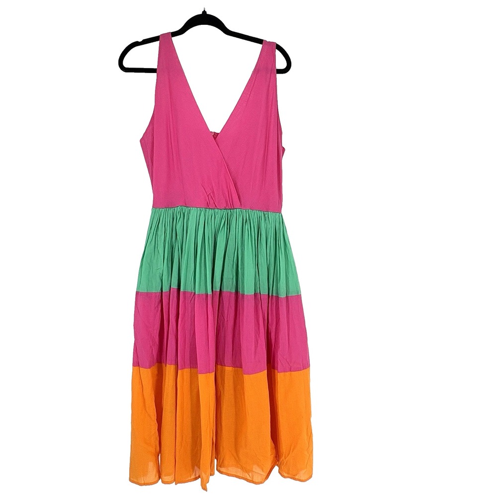 Mira Midi Dress Large Pink Orange Green‎ Rio Stripe Spring Wedding Guest